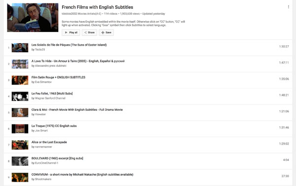 Некоторые из большинства французских фильмов доступны на YouTube