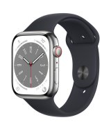 Apple Watch Series 8, 45 мм, стальной корпус серебристого цвета, спортивный ремешок цвета «тёмная ночь»