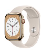 Apple Watch Series 8, 45 мм, стальной корпус золотого цвета, спортивный ремешок цвета «сияющая звезда»