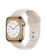 Apple Watch Series 8, 41 мм, стальной корпус золотого цвета, спортивный ремешок цвета «сияющая звезда»