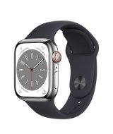 Apple Watch Series 8, 41 мм, стальной корпус серебристого цвета, спортивный ремешок цвета «тёмная ночь»