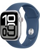 Apple Watch Series 10, 42 мм, корпус из алюминия цвета серебристый, спортивный ремешок цвета «синий деним» S/M